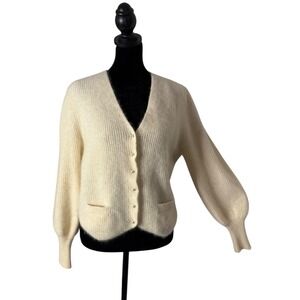 Vintage Sideffects Fuzzy‎ Cardigan Sweater Size M Cream Balloon Sleeve Cozy Knit